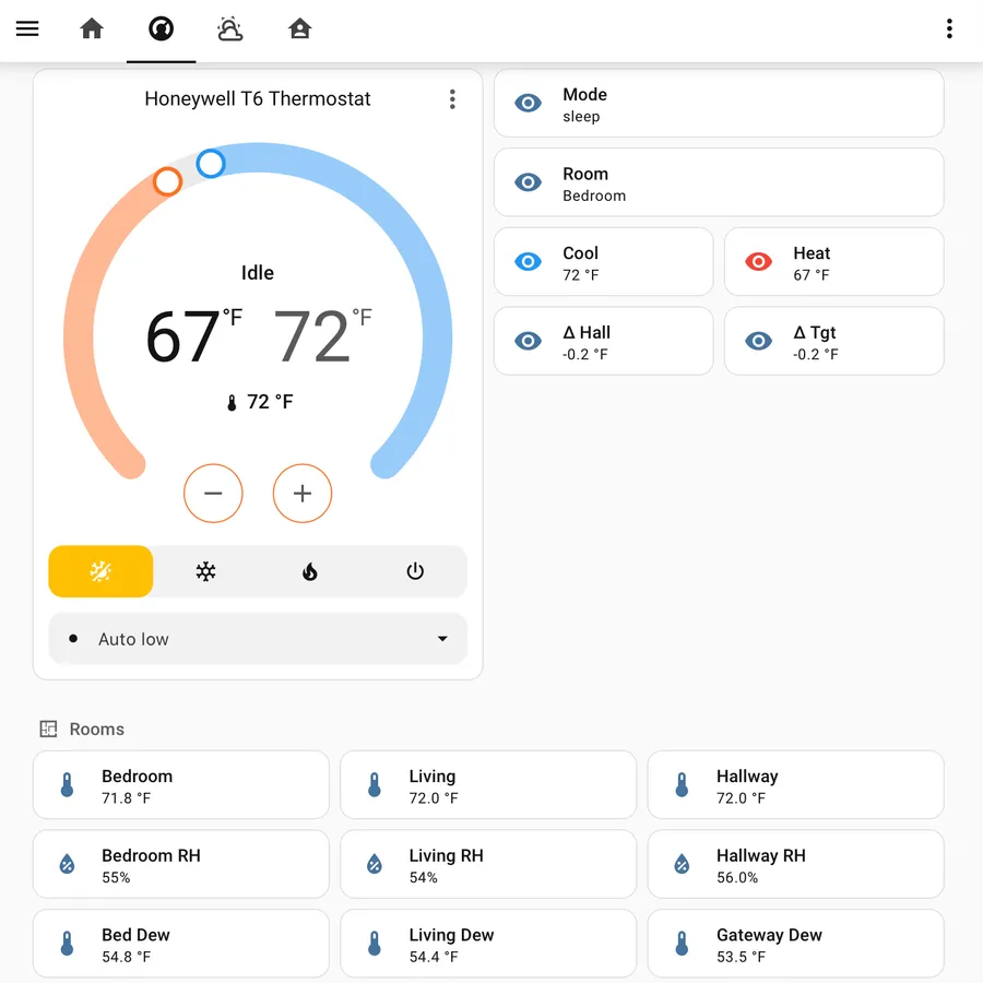 Home Assistant climate dashboard showing the Honeywell T6 thermostat, HVAC policy debug entities (mode, room, room-vs-hallway delta, room-vs-target delta, cool and heat setpoints), and per-room temperature, humidity, and dewpoint readings