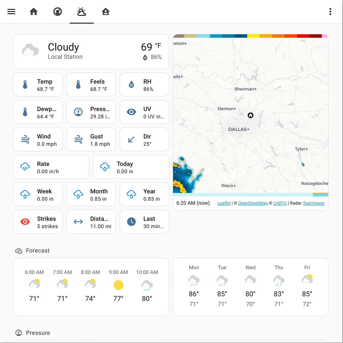 Home Assistant weather dashboard showing local-station current conditions, hourly and 5-day forecast, and a live RainViewer radar map centered on the Dallas–Fort Worth area